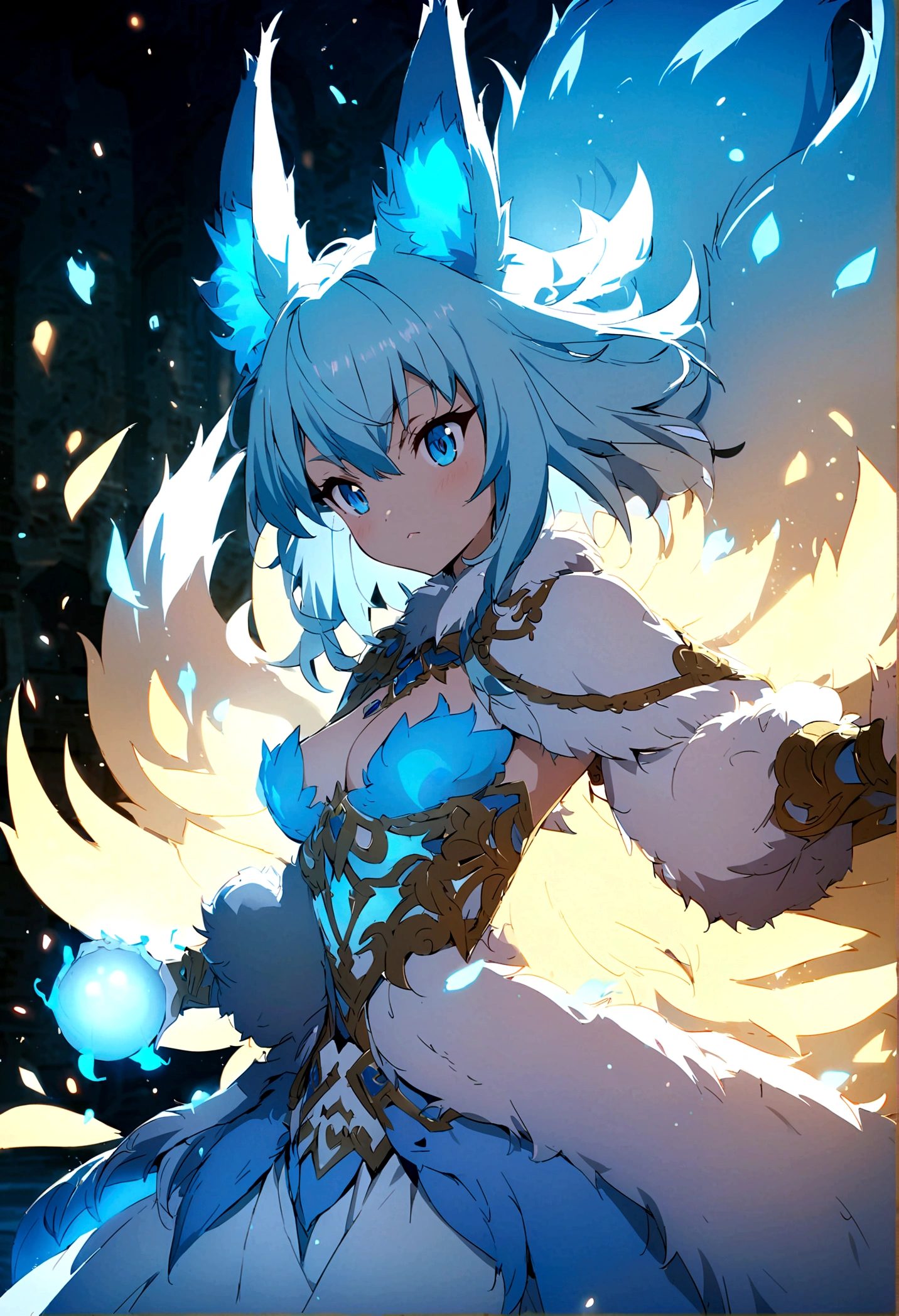 fox Light blue hair beast girl indigo fur fox beast girl Anime Style fox blue White-faced golden-haired nine-tailed fox Coat blue mysterious background Blue Flame girl have a ball of light fox Light blue hair beast girl indigo fur fox beast girl