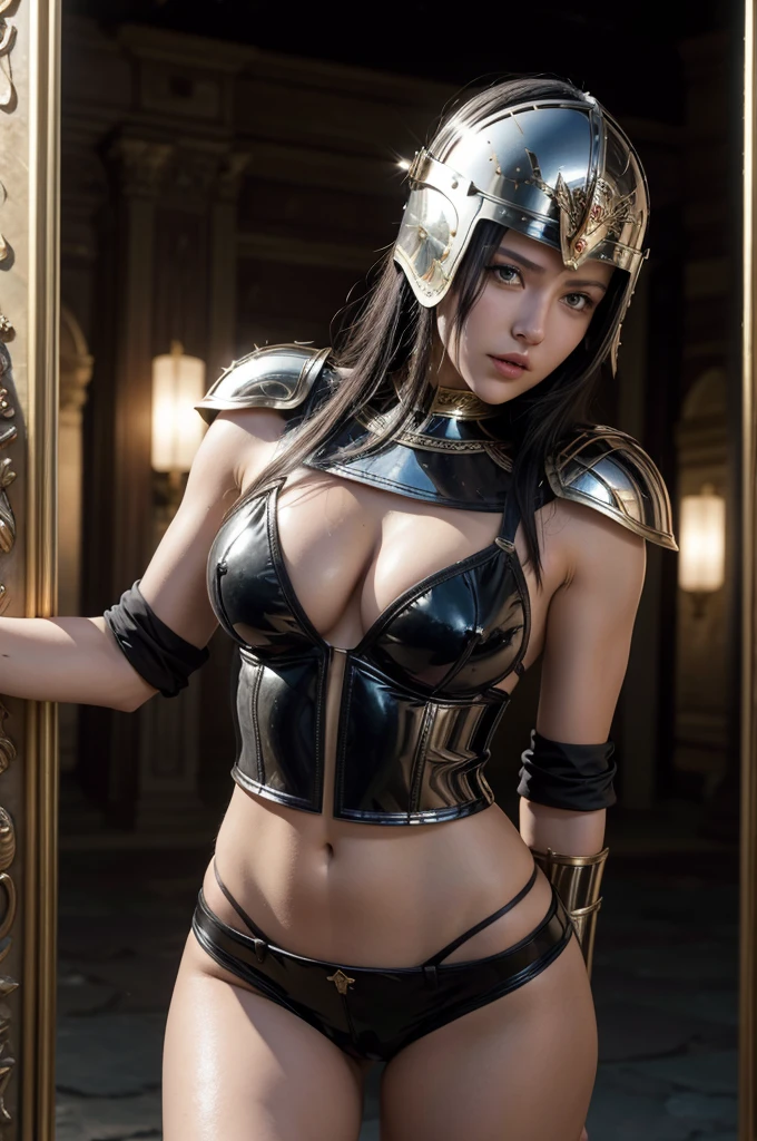 beautiful woman beautiful body sex, black haired gladiator sex, mirrored short armor roman helmet sword, luxury, short shorts, coliseum arena in battle. 8k realism