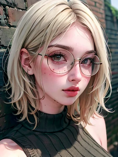 dynamic close-up of the upper part of 1 Woman with freckles, extremely albino, extremely thin and beautiful, perfect body, well-shaped face, skin with highly detailed depth, she is Against a brick wall, (haircut, wavy hair and blonde), (detailed eyes, large, bright, light brown eyes, curved eyelashes, large glasses), (making a sensual pout with her mouth), wearing a short sweater showing shoulders, ultra realistic image, vibrating and spiky, dynamic vision, high quality 32k , hyper-realistic, cinematic.