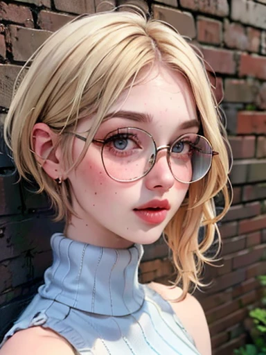 dynamic close-up of the upper part of 1 Woman with freckles, extremely albino, extremely thin and beautiful, perfect body, well-shaped face, skin with highly detailed depth, she is Against a brick wall, (haircut, wavy hair and blonde), (detailed eyes, large, bright, light brown eyes, curved eyelashes, large glasses), (making a sensual pout with her mouth), wearing a short sweater showing shoulders, ultra realistic image, vibrating and spiky, dynamic vision, high quality 32k , hyper-realistic, cinematic.