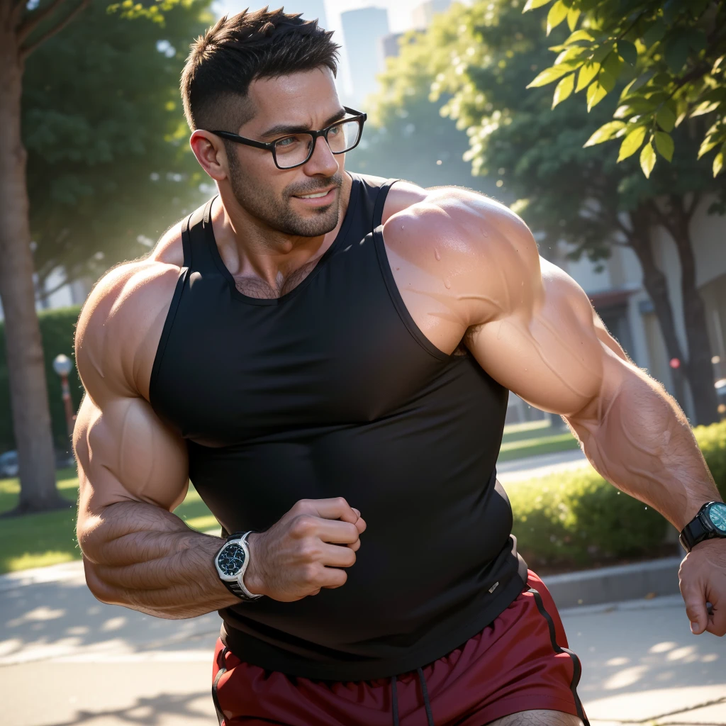 An award-winning original photo,A wild muscular man, (40 years old daddy:1.1), 1boy, Solo, Short beard, Beautiful eyes:1.3, ), (Detailed face:1.3), (big shoulders), musculature, facial hair, black hair, smiling, friendly, running in a park, wearing red running shorts, wearing a big long green tank top, wearing a smart watch, (sweaty body), wearing glasses, ultra detailed, Dynamic Angle, volumetric lighting, (Best quality, A high resolution, Photorealistic), Cinematic lighting, Masterpiece, RAW photo, Intricate details, hdr, depth of field,