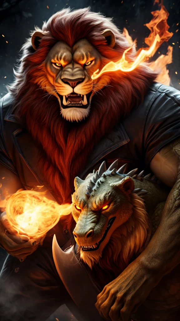 Has a red flame aura、A terrifying combination of lion and crocodile。A lion's face and a crocodile's body。Sharp Eye。The misty background and falling leaves add to the spooky atmosphere.。The creatures look realistic、Runs at high speed with powerful movementuscle、Sharp Claws、scale、A bold expression, etc.、Audacious design。Highly detailed and realistic、Crocodile tail、The whole picture is visible。