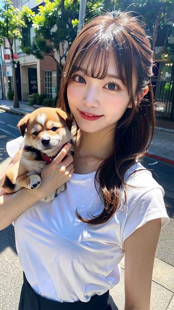 Flowing with crystal clear water,beautiful mountain in background々,(Girl taking a walk with a puppy:1.3),(Shiba dog:1.3),Have a lead,Very Big White T-Shirt,Cargo pants, gently smiling、(beautiful a girl)、(short hair of red-brown color、hair pin、poneyTail、Floating hair、)Colossal tits、A smile that beguiles the viewer、Look into the photographer、skin glistening with sweat、gazing at viewer,pointed red mouth,Perfect round face,,Proper body proportion,Intricate details,Very delicate and beautiful hair,photos realistic,Dreamy,Professional Lighting,realistic shadow,Beautiful hands,Beautiful fingers,Detailed finger features,Detailed arm functions,detailed clothes features,Detailed hair features,detailed facial features,(masutepiece,top-quality,Ultra-high resolution output image,) ,(The 8k quality,),(Image Mode Ultra HD,)
