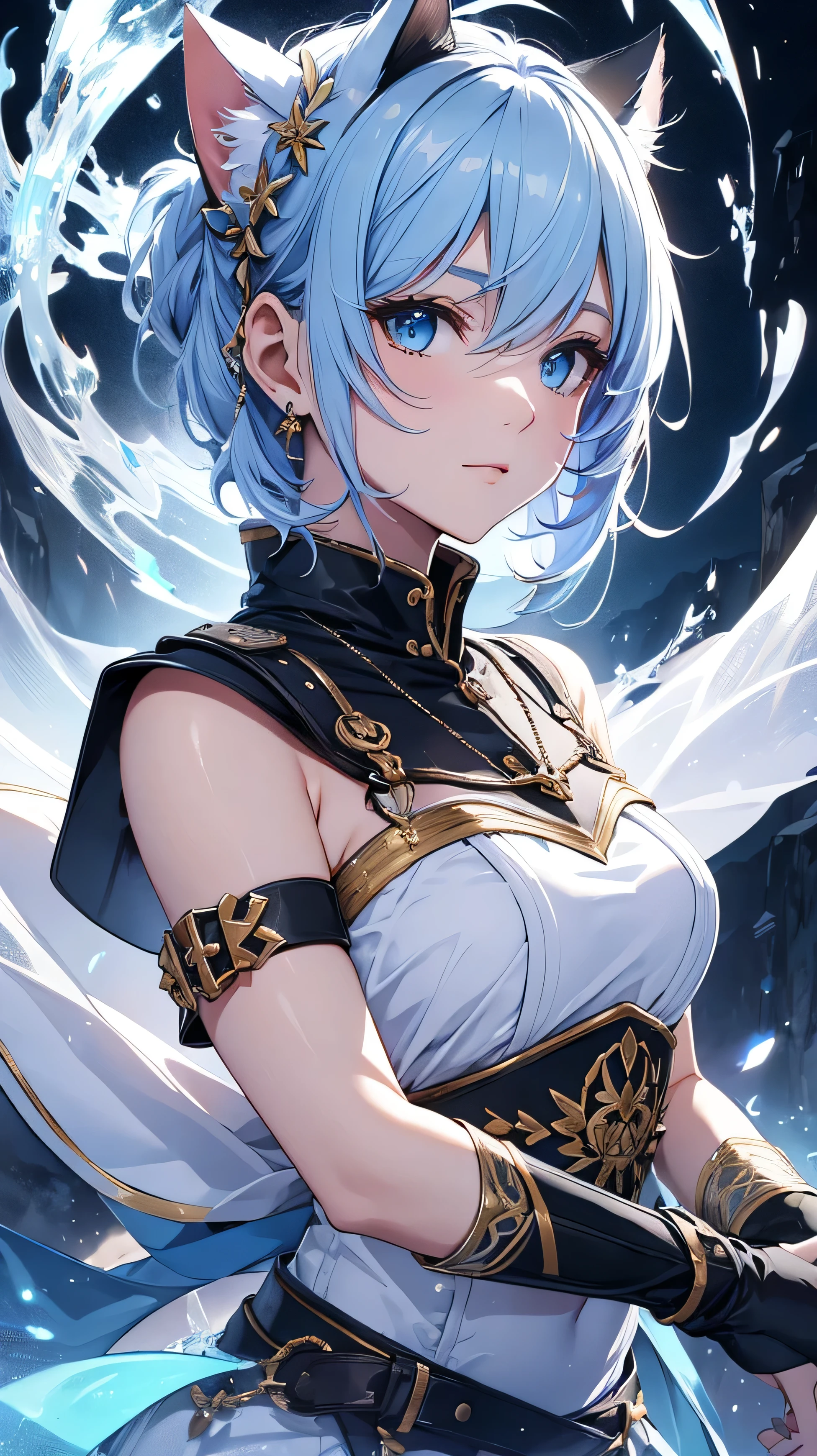 beautiful and delicate girl, clear and beautiful, Make your character the main point of view, glowing skin, female, 20 years old, Short hair, shortcut, Short hair, Beautiful and delicate glass hair, ((greek costume, 2 Costume colors, white background, blue 패턴)) ((Clothes color White background, blue 패턴)) ((Double color, White, blue)) ((Use only two colors of clothing, White, blue))beautiful and delicate eyes, orange eyes, moderate chest, orange eyes, real skin texture, Very nice 8KCG wallpaper, Very cool 8K CG wallpaper, Watercolor (middle), female warrior, light green hair, (((upper body cut))), (((Cat's ears dark 노란색))), (((dark, dark 밤, midnight))) (((nature background, mountain, wood))), ((outdoors)) Dynamic fighting stance with a sword, I can see my whole body,
