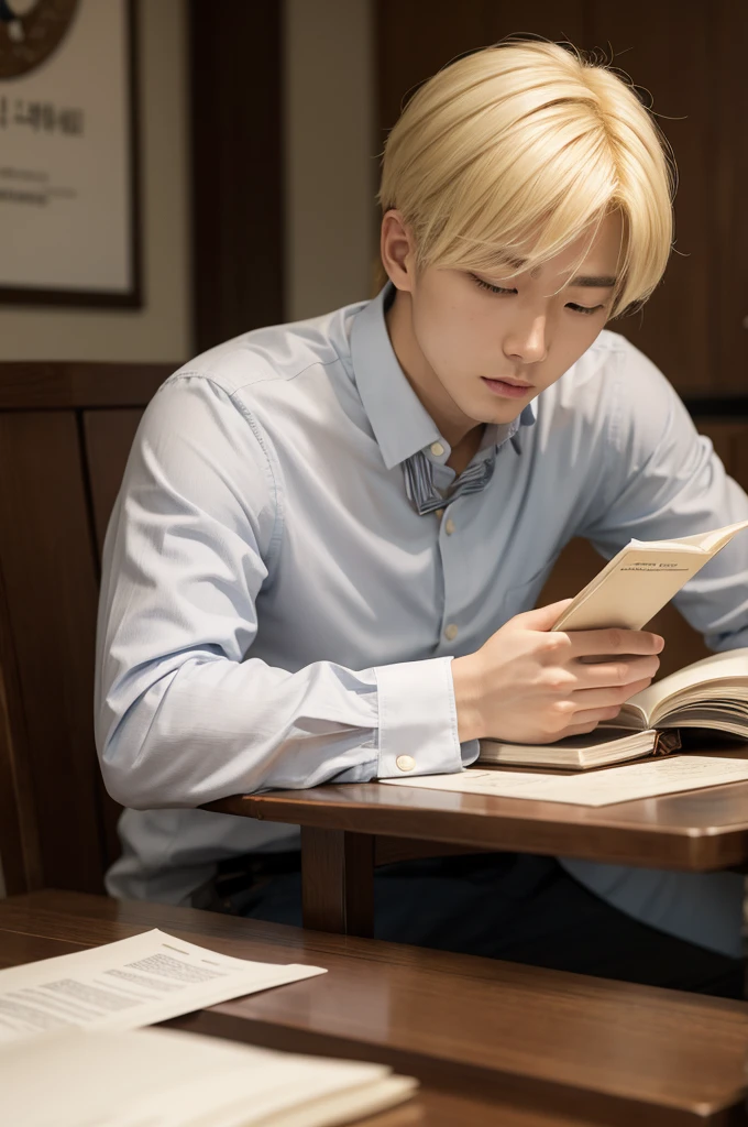 Blond Korean man reading at a table