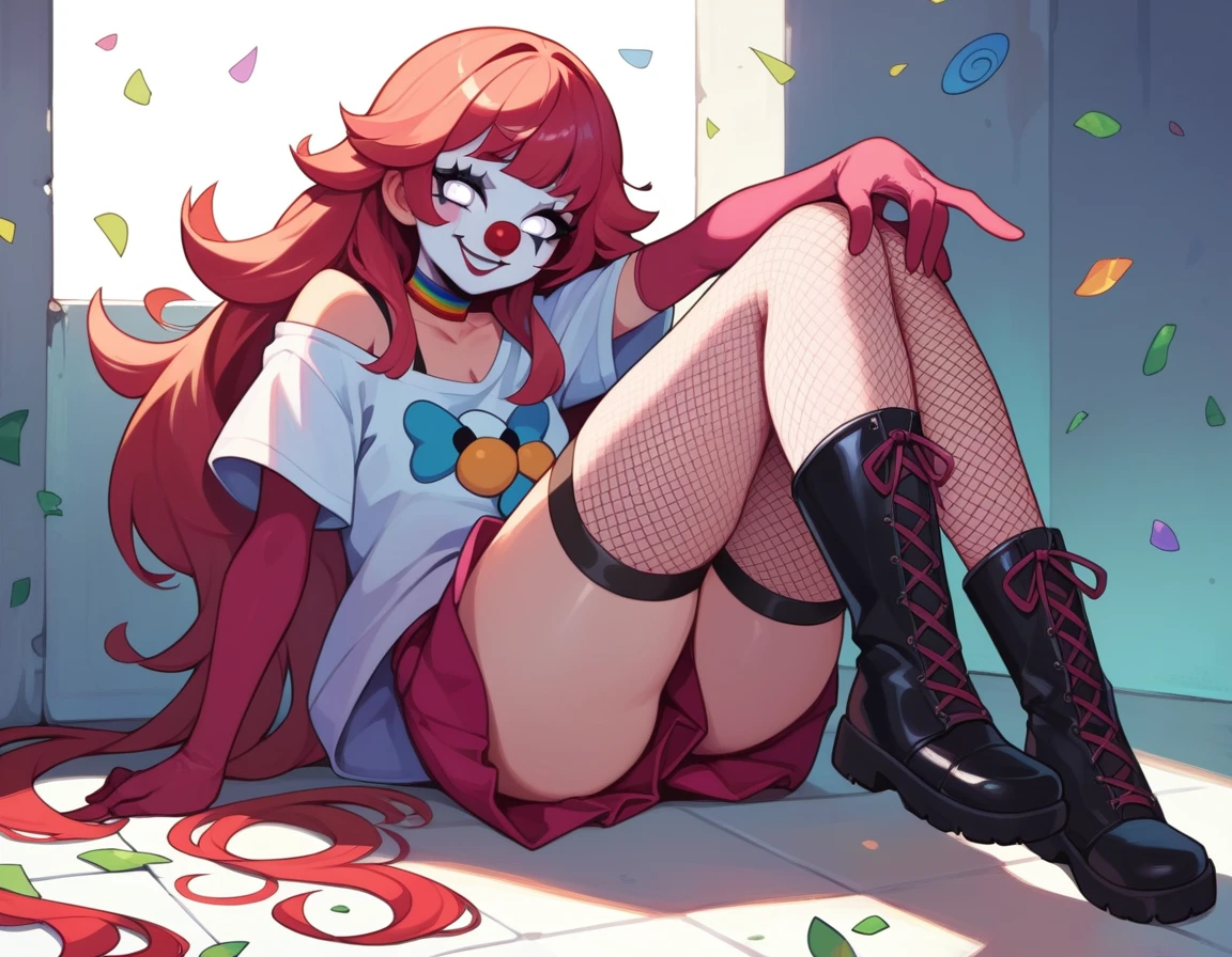 Girl with long hair and bangs with white eyes, clown-painted face, oversized t-shirt, white legs with fishnet stockings, high boots, all black neck, long gloves arms covered