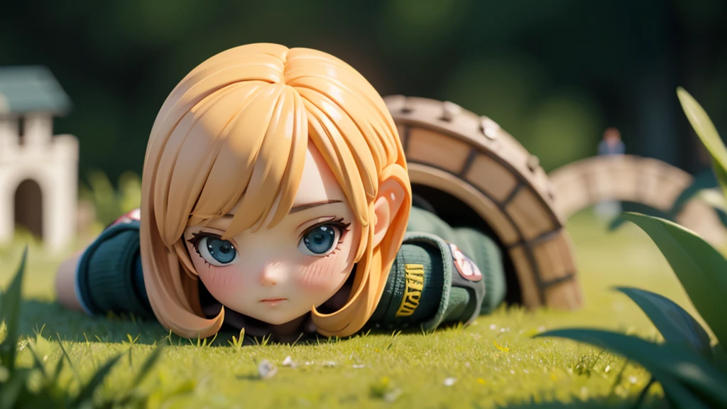Girl doll、bank、river、bridge、Enjoying airsoft、uniform、Crawling through the grass,octane render、(Hyper-detailing: 1.15)、cinematic lightening、super fine eyes、Full Paint、Anatomically correct、Blur、Depth of written boundary