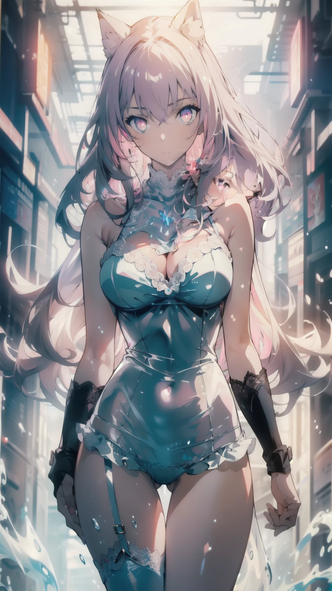 ((masterpiece, best quality)), Epic battlefield atmosphere,Delicate face,Cat girl,whole body,Standing picture,glowing pink eyes,Large Breasts,Gradient white long wavy hair,Perfect body proportions,Pure white background,Water Ripples,Lace,Plush sexy lingerie
