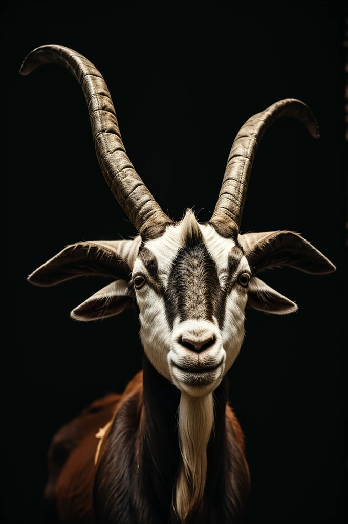Image of a goat with horns that are long and reach below the head with a black background