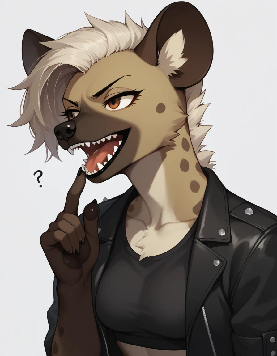 Solo, score_9,score_8_up,score_7_up, kemono style, source_furry, Trisha, a tall female spotted hyena, brown snout, black nose, brown eyes, short spiked undercut platinum blonde hair, black lips, hyena tail, brown hyena ears, wearing black leather jacket, black crop top, mouth open wide, sharp canine teeth, she looks very confused, one raised eyebrow, a human male is putting his finger in her mouth, tongue out, close up, 