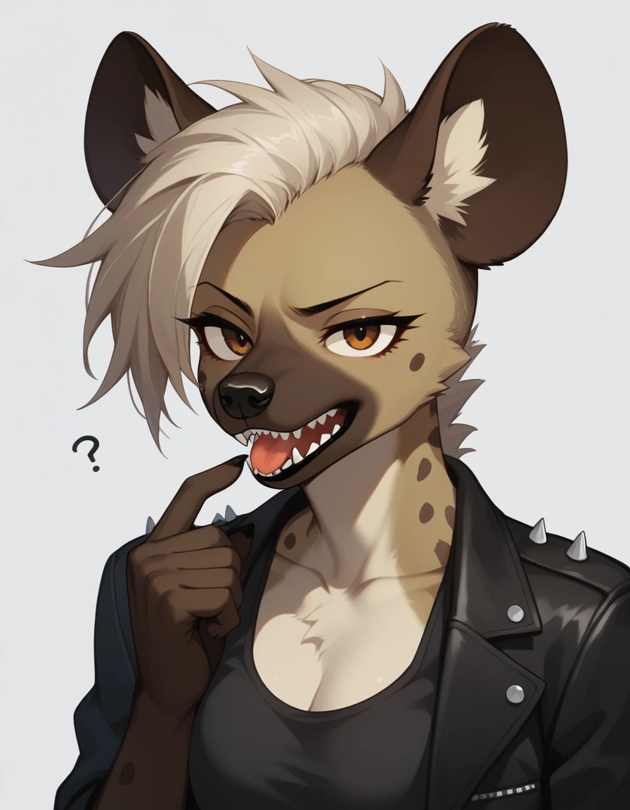 Solo, score_9,score_8_up,score_7_up, kemono style, source_furry, Trisha, a tall female spotted hyena, brown snout, black nose, brown eyes, short spiked undercut platinum blonde hair, black lips, hyena tail, brown hyena ears, wearing black leather jacket, black crop top, mouth open wide, sharp canine teeth, she looks very confused, one raised eyebrow, a human male is putting his finger in her mouth, tongue out, close up, 