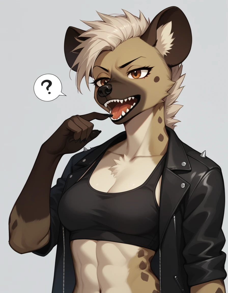 Solo, score_9,score_8_up,score_7_up, kemono style, source_furry, Trisha, a tall female spotted hyena, brown snout, black nose, brown eyes, short spiked undercut platinum blonde hair, black lips, hyena tail, brown hyena ears, wearing black leather jacket, black crop top, mouth open wide, sharp canine teeth, she looks very confused, one raised eyebrow, a human male is putting his finger in her mouth, tongue out, close up, 