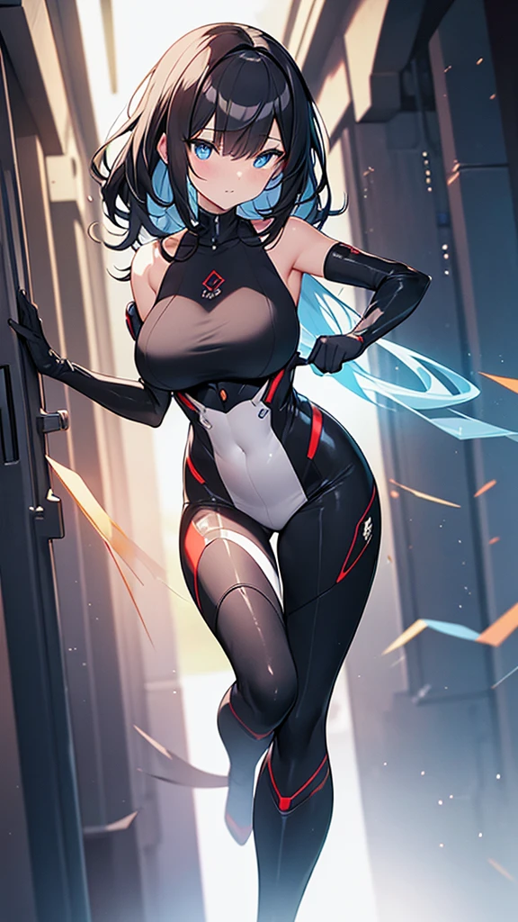 (Highly detailed CG Unity 8k wallpaper,masterpiece, Biological, whole body),(Best lighting, Best Shadow, Very delicate and beautiful),(One girl),blue eyes, Big Breasts, Black Hair,Red and black off-the-shoulder SF bodysuit,Neck Seal,High-tech sci-fi corridor, Dynamic pose, Detailed Machinery, Sleek design., {{An extraterrestrial lifeform preys on girls and takes their place、Her breasts are bigger than a real girl's}}, Unknown sensation, Feels good, Vigorous movement, more, instinct, Female fall, Bouncing chest, loose, loose, human bone, foot, Bones of the preyed girl, A real girl turned into a skeleton, NSFW