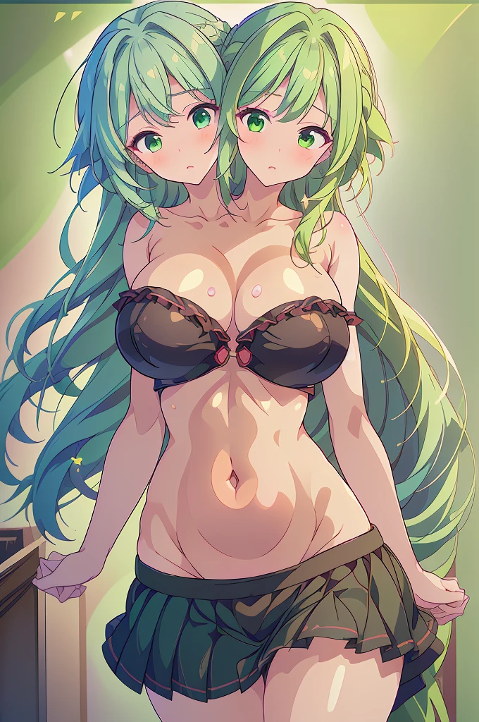 (masterpiece, best quality), best quality, best resolution, (ultra-detailed), ((3heads:1.5)), 1girl, (fuma mishandra:1.3), masterpiece, best quality, ultra quality, ultra resolution, ultra detail, black top, crop top, ((stomach)), midriff, ((groin)), black skirt, miniskirt, normal ears, shackles, green hair, very long hair, wavy hair, sidelocks, green eyes, detailed eyes, same eye color, parted lips, open belly, sweat, cute, toned belly, hand on own chest, eyelashes, (24 year old woman:1.3), (masterpiece:1.5), (best quality:1.5), (beautiful detailed), extremely detailed CG, extremely delicate and beautiful, depth of field, (finely detailed face), (perfect details:1.2), (mature female:1.3), wide pelvis, slender, large veiny breast, 16k resolution, highres, high quality, high definition, extremely detailed, masterpiece, green hair, long hair, alluring presence, twin braid, short skirt, close up, very big tits, huge tits, young, ((girl with three heads)), ((three headed girl)),