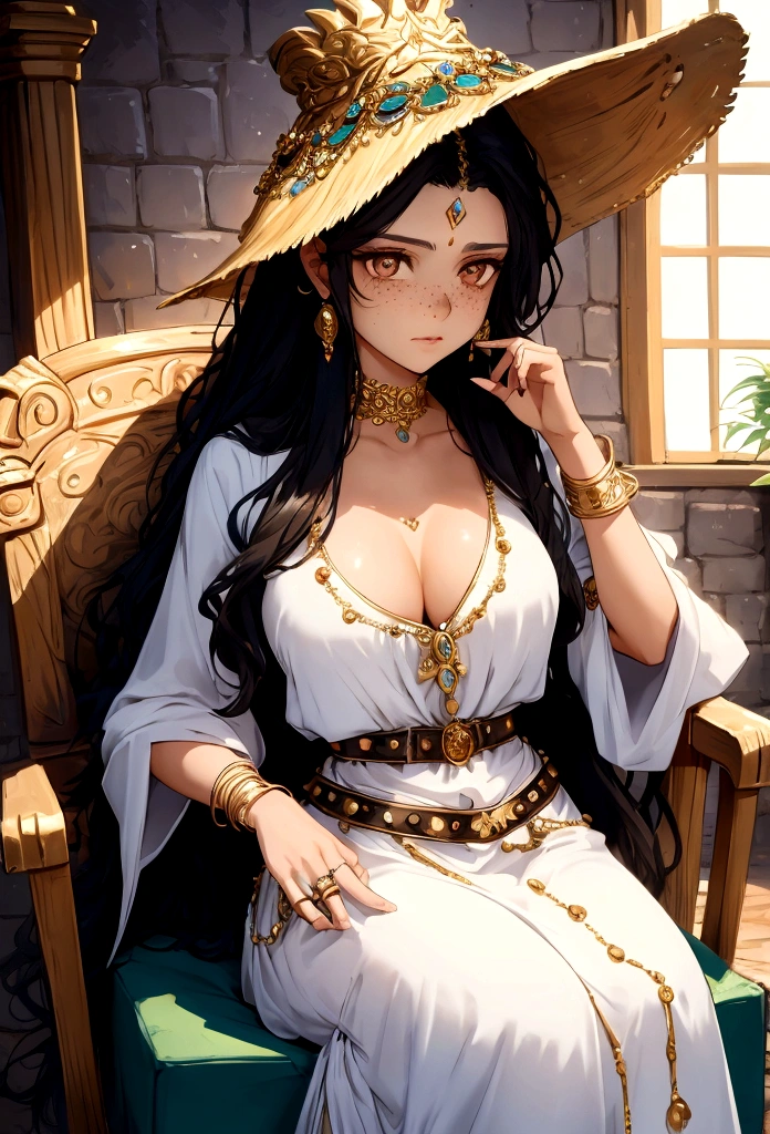 Create a detailed illustration of a beautiful gypsy woman named Esmeralda. She has long, wavy black hair, deep brown eyes, and sun-kissed skin with faint freckles. Esmeralda is wearing a white, oned blouse that is slightly open at the top, paired with comfortable, practical jeans and a wide belt. She adorns herself with bohemian accessories: a black choker, layered gold necklaces, bracelets, and rings, each with symbolic meanings. Her look is both enchanting and mysterious. Esmeralda has a confident, independent demeanor, with a touch of playfulness in her expression. She is sitting casually on a chair, exuding a sense of wisdom and strength. The background is simple and light, drawing focus to her charismatic presence.