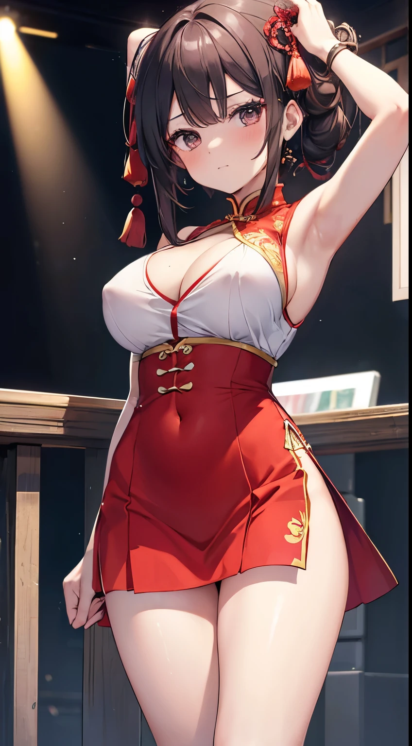 8K，Ultra-clear，A girl，Wearing a vest and a long red cheongsam，Wearing a vest and a long red cheongsam，Wearing a vest and a long red cheongsam，Royal sisters，Around 18 years old，black eyes，huge ，Tight，Face Optimization，Open your thighs，Look at the face，transparent，Ball Head，Support chest with elbows，Chinese idol，side view，Nail Art，Five fingers，Standard stature，8K，looking away up，Filming，There are lateral breasts，blush，Sweating all over the body，Look at the armpits，Look at the armpits，，When you see your armpits, You can see your side ，Duck sitting,Wear cloth shoes，Five fingers，Two hands，kneel，kneel，Large Breasts，Open your thighs，Showing cleavage，Nipple protrusion，See areola，Open your thighs，Viewing angle，See below，Lift up your skirt