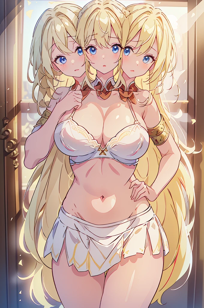 (masterpiece, best quality),best quality, best resolution, (ultra-detailed), (3heads:1.5), 1girl, (lily white:1.3), masterpiece, best quality, ultra quality, ultra resolution, ultra detail, white top, crop top, ((stomach)), midriff, ((groin)), white skirt, normal ears, shackles, yellow hair, very long hair, wavy hair, sidelocks, blue eyes, very detailed eyes, very beautiful eyes, parted lips, sweat, cute, open belly, toned belly, hand on own chest, eyelashes, (23 year old woman:1.3), (masterpiece:1.5), (best quality:1.5), (beautiful detailed), extremely detailed CG, extremely delicate and beautiful, depth of field, (finely detailed face), (perfect details:1.2), ( female:1.3), wide pelvis, slender, large veiny breastresolution, highres, high quality, high definition, extremely detailed, masterpiece, yellow hair, long hair, alluring presence, braid, short skirt, close up, very big tits, hu young, exposedriff,