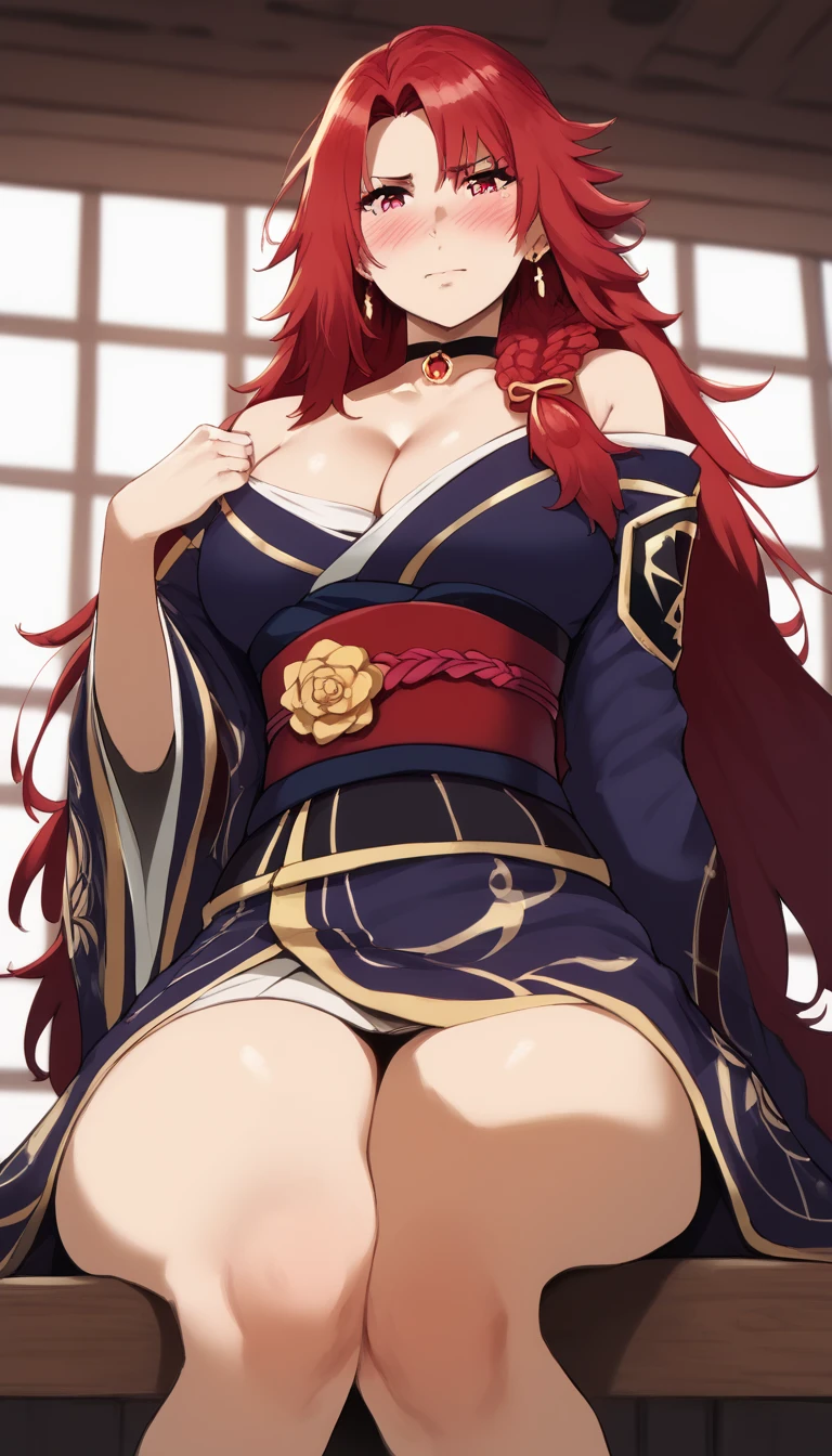 score_9, score_8_up, score_7_up, score_6_up, uncensored, Iris Midgar, red hair, long hair, braid, red eyes, BREAK (masterpiece:1.2), best quality, high resolution, (detailed eyes:1.3), perfect lighting, (perfect hands, perfect anatomy), large breast, 1girl, solo, BREAK, japanese_clothes, kimono, rating:safe, sandals, cleavage, bare_shoulders, floral_print, off_shoulder, sash, obi, wide_sleeves, choker, BREAK, looking at viewer, sitting, adjusting_hair, blush, earrings, nervous, from below, 