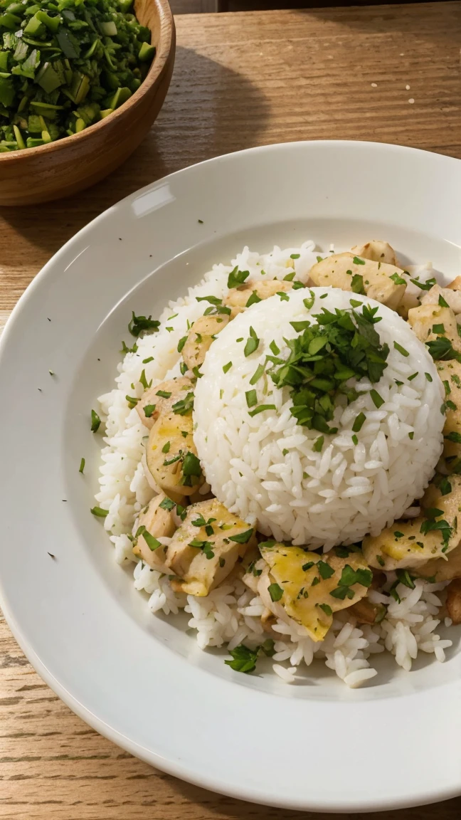 Brazilian bobo shimp accompanied by loose white rice sprinkled with chives and parsley on a beautiful white plate on a wooden table