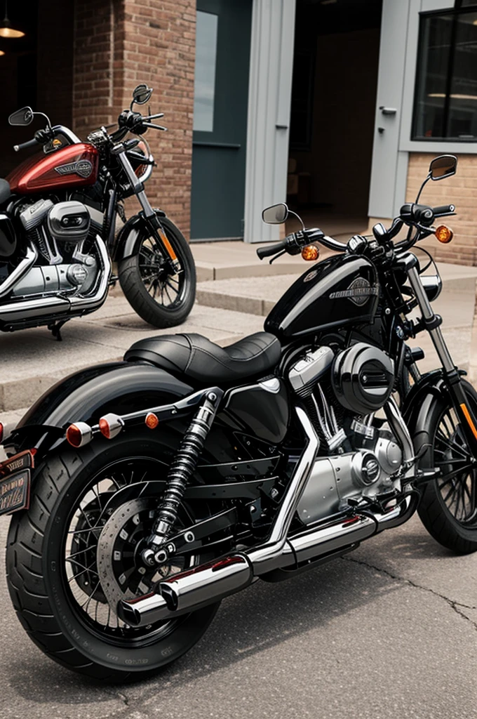 Image of a 2019 Harley Davidson Sportster XL1200 CX Roadster in factory black color. Next to the motorcycle is an 8-month-old baby boy with a round face and 5 cm long blonde hair, smiling and showing his two bottom teeth. He is wearing a Cookie Monster pajama, has Caucasian skin, and his round cheeks are slightly red.