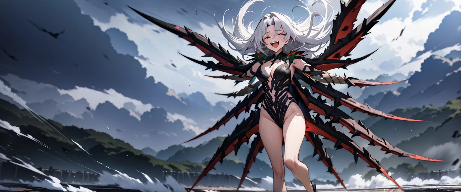 (((masterpiece,Highest quality))),(((A beautiful yet terrifying anime goddess of vengeance, raging in the air with her silver hair standing on end.))),((Laughing like crazy on the battlefield in the storm)),Arms and legs spread,(high quality),アニメ