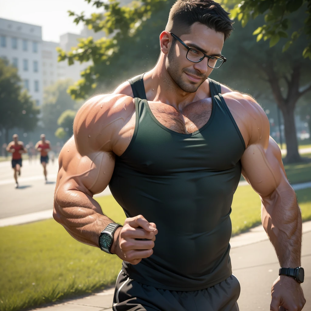 An award-winning original photo，A wild muscular man, (40 years old daddy:1.1), 1boy, Solo, Short beard, Beautiful eyes:1.3, ), (Detailed face:1.3), (big shoulders), musculature, facial hair, black hair, smiling, friendly, running in a park, wearing red running shorts, wearing a big long green tank top, wearing a smart watch, (sweaty body), wearing glasses, ultra detailed,  Dynamic Angle, volumetric lighting, (Best quality, A high resolution, Photorealistic), Cinematic lighting, Masterpiece, RAW photo, Intricate details, hdr, depth of field,