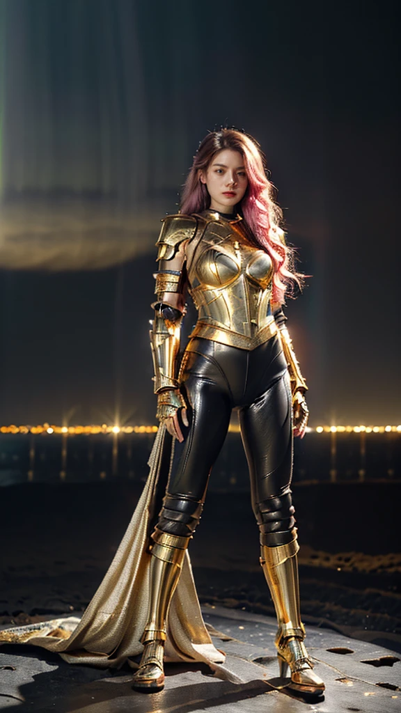 ((best quality)), ((masterpiece)), (ultra detailed lights), ((full body:1.3)), ((skinny body)), 1girl, extremely beautiful, ((slim body)), thighs gap, ultra face details, 20 years old, ((pink curvy-hair)), ((hair blown by strong winds :1.3)), Award-winning photograph, ((symmetrical pose)), ((full body golden black armor)), posing in the middle, intricate details, ((thight golden armour)), ((extremely details armor)), ((tight latex pants)), ((24k-gold armor)), ((edge luminous armor)), cameltoe, luminescent, epic lights reflections, she is posing with ((Athena's golden bow)), at beach, full of stars, orange clouds, nebula sky, epic aurora borealis in the background, shooting stars, ((from below))