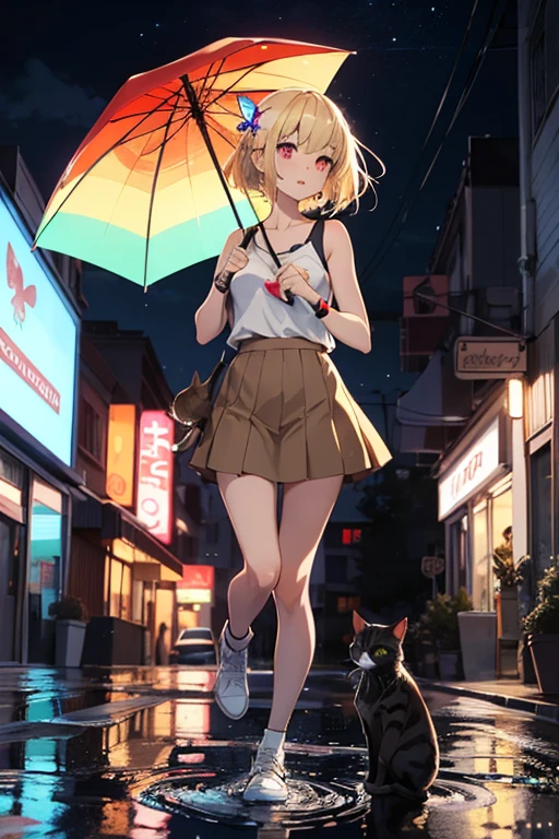 21 year old anime girl with blonde hair and red eyes wearing a short brown skirt with a white tank top in an urban landscape with a cat on her shoulder and a night landscape with neon lights on the buildings and playing with a butterfly and holding an umbrella and rainbow in the background and jumping in a puddle of water