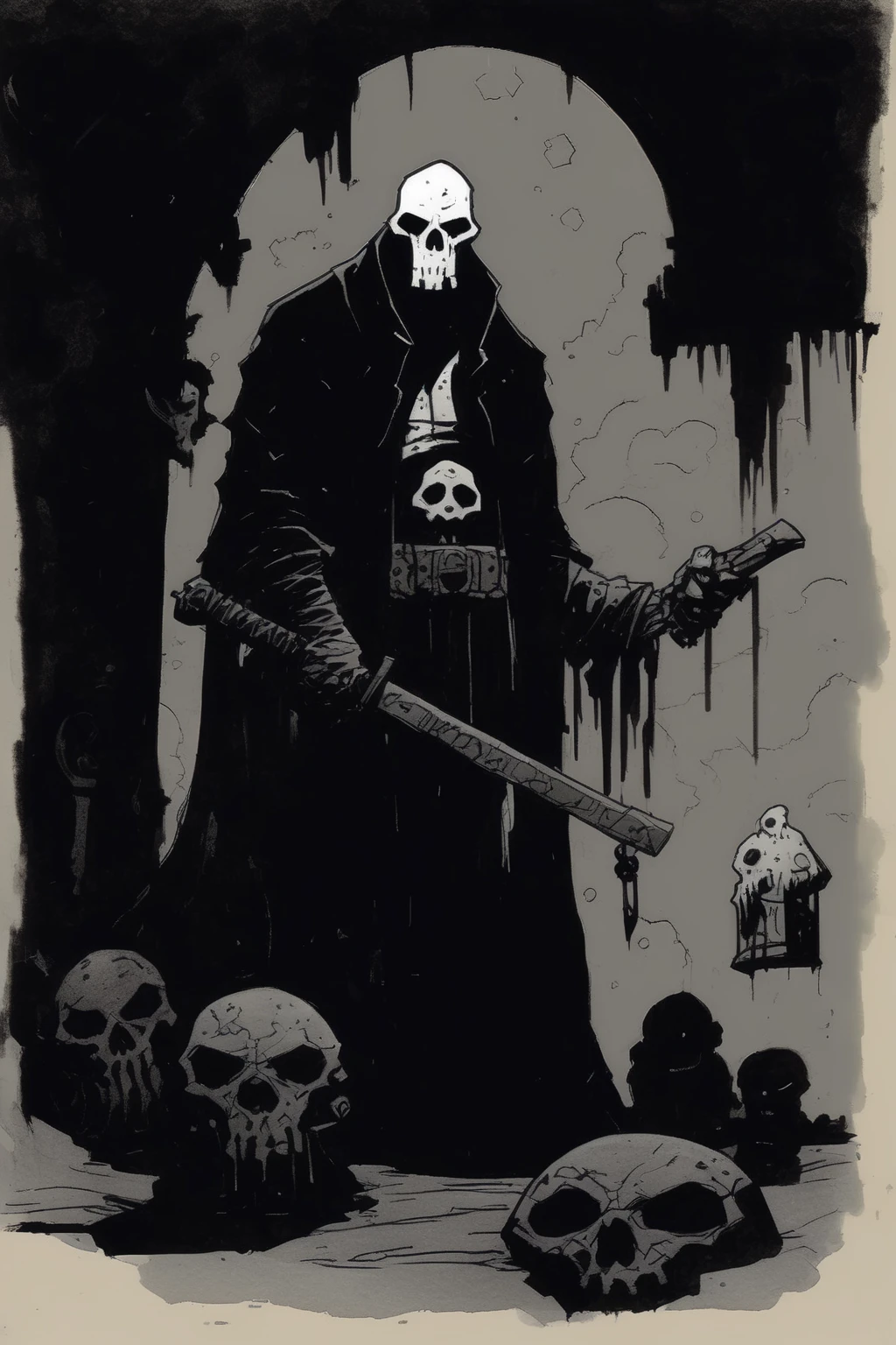 Mike Mignola Style - mike mignola sketch in a very dark and heavy inky way