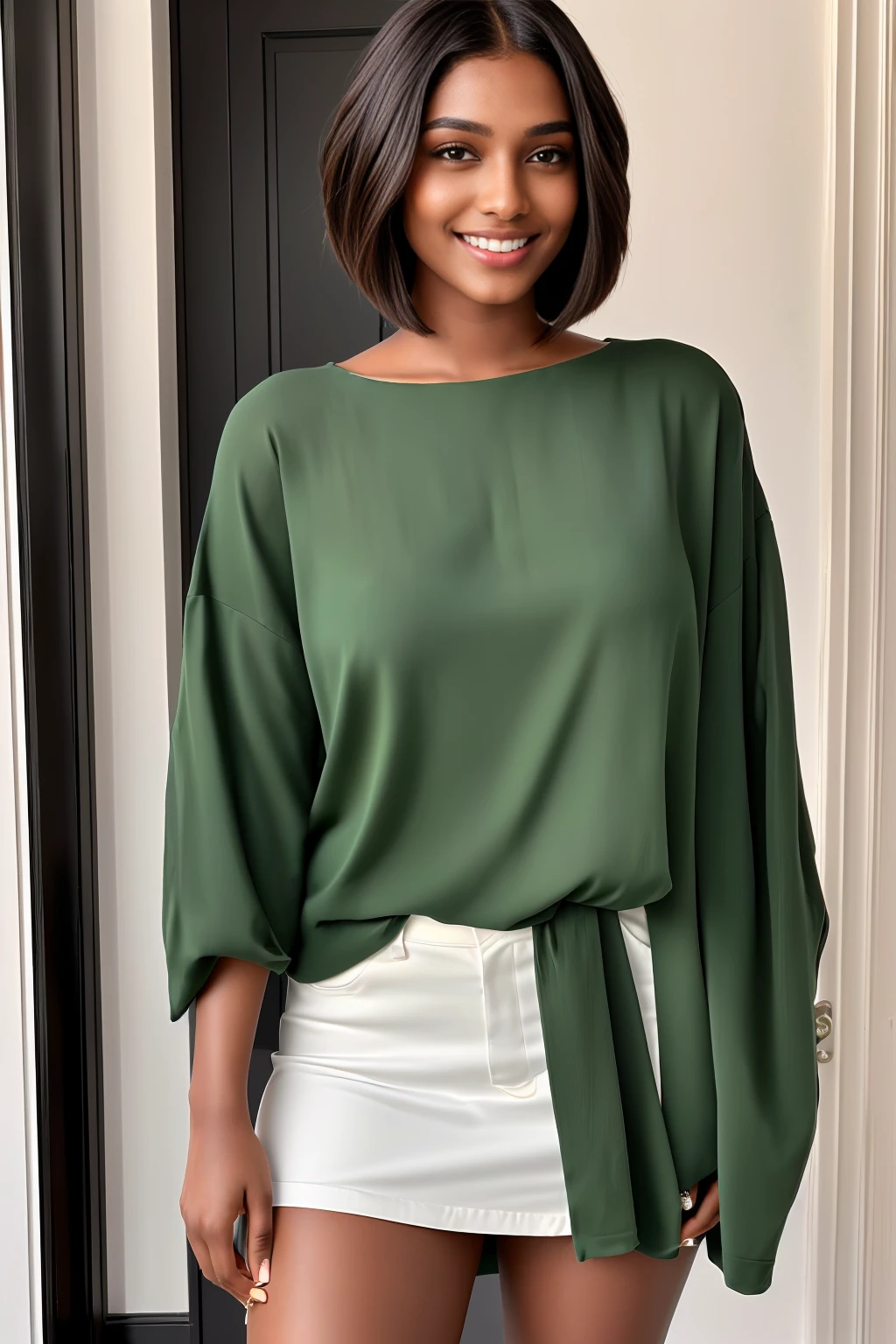 8k,realistic photo,full body photo sexy, photo of a beautiful girl with short Long Bob style hair, looking at the viewer, Indian descent, green eyes, dark skin, influencer, without makeup, Instagram, smiling,
