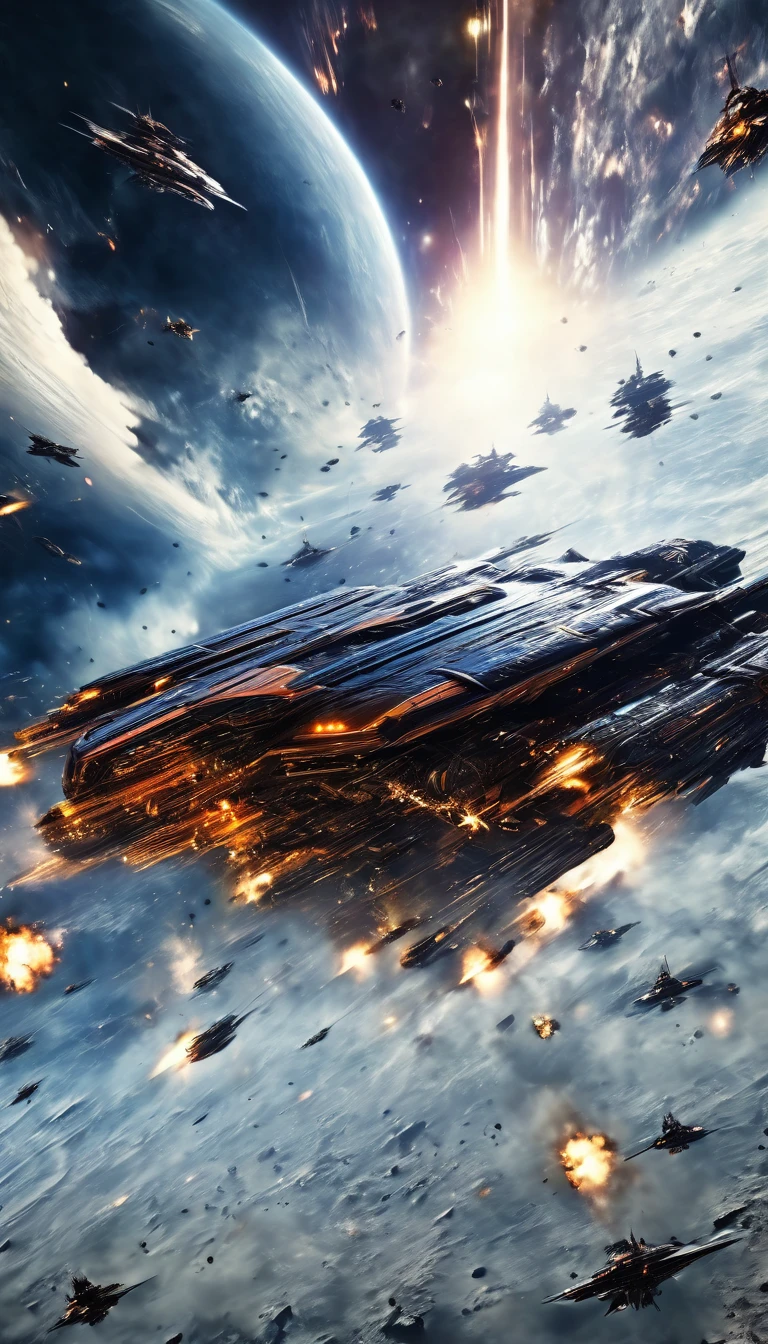 en medio del espacio, a dramatic futuristic sci-fi space war, massive explosions, epic scale, intense action, gritty realism, cinematic composition, dramatic lighting, highly detailed spacecraft, advanced alien technology, powerful energy weapons, swirling cosmic clouds, distant stars, heroic pilots, intense battle, war-torn landscapes