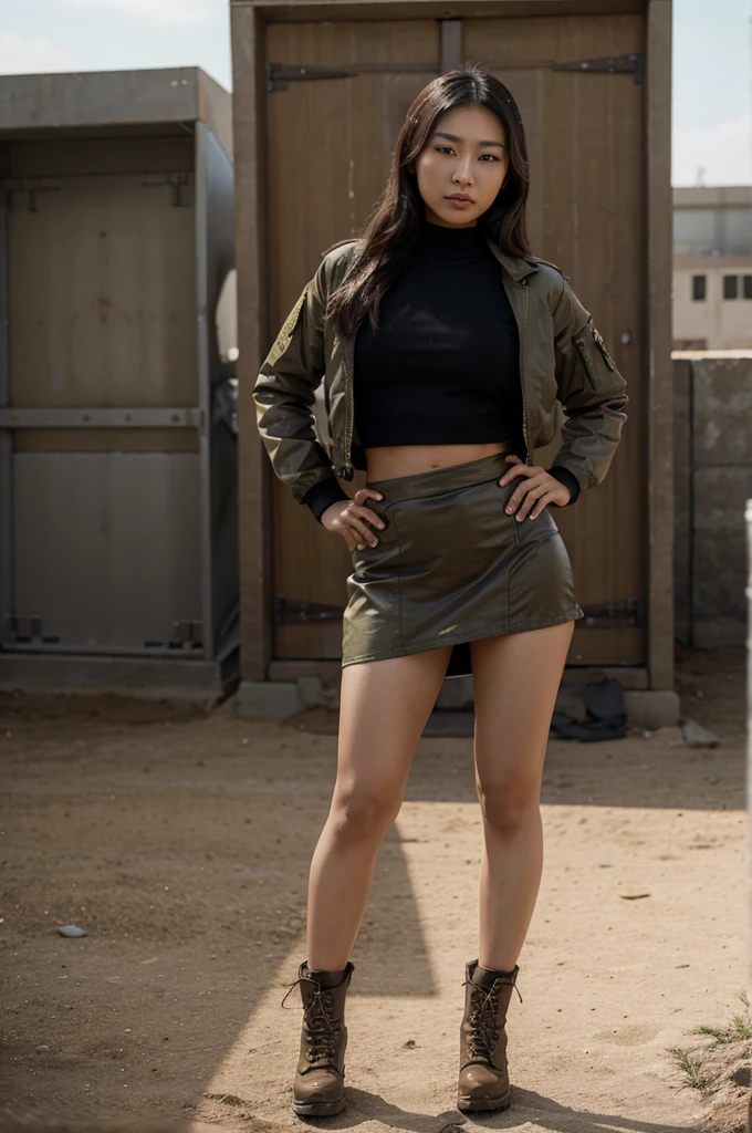 [[((young attractive Asian woman:1.5)), ((Sophie Tan:1.4)), standing on a military base, with her back to the camera. She is wearing ((a tight military skirt that has blown up, exposing her buttocks, paired with a fitted military jacket and combat boots:1.2)). Her hair is styled in a sleek bun, and she has a seductive, intense gaze over her shoulder. The background features military vehicles, barracks, and a flagpole. The scene is captured with a ((high-resolution mirrorless camera:1.2)) using a ((35mm prime lens:1.2)) for a balanced perspective. Post-production enhances the natural colors and adds a ((soft bokeh effect:1.1)) to the background. The image should be in ((8K resolution:1.1)) with ((hyper-realistic detail:1.3)). The backdrop highlights the military base with detailed textures of vehicles and buildings. The focus is on the woman's blown-up military skirt and seductive, intense gaze. Bright natural lighting is used with slight enhancements to create a disciplined and dynamic atmosphere, with a ((soft bokeh effect:1.1)) on the background, enhanced vibrancy, and high contrast to make the scene pop. She is standing with one hand on her hip, looking seductively over her shoulder, exuding confidence and allure, embodying military chic.]]