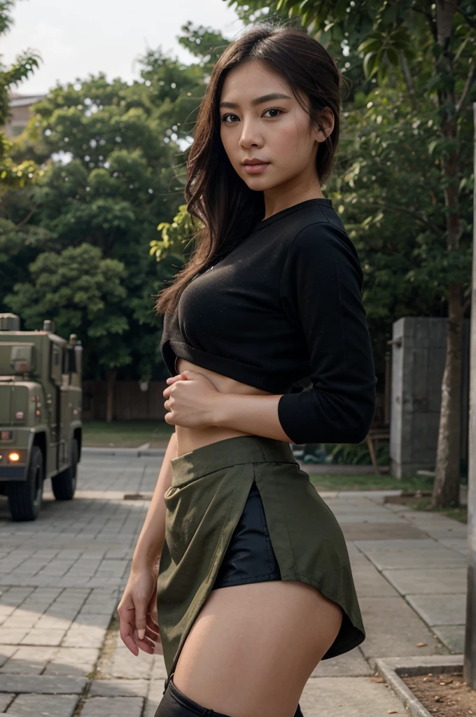 [[((young attractive Asian woman:1.5)), ((Sophie Tan:1.4)), standing on a military base, with her back to the camera. She is wearing ((a tight military skirt that has blown up, exposing her buttocks, paired with a fitted military jacket and combat boots:1.2)). Her hair is styled in a sleek bun, and she has a seductive, intense gaze over her shoulder. The background features military vehicles, barracks, and a flagpole. The scene is captured with a ((high-resolution mirrorless camera:1.2)) using a ((35mm prime lens:1.2)) for a balanced perspective. Post-production enhances the natural colors and adds a ((soft bokeh effect:1.1)) to the background. The image should be in ((8K resolution:1.1)) with ((hyper-realistic detail:1.3)). The backdrop highlights the military base with detailed textures of vehicles and buildings. The focus is on the woman's blown-up military skirt and seductive, intense gaze. Bright natural lighting is used with slight enhancements to create a disciplined and dynamic atmosphere, with a ((soft bokeh effect:1.1)) on the background, enhanced vibrancy, and high contrast to make the scene pop. She is standing with one hand on her hip, looking seductively over her shoulder, exuding confidence and allure, embodying military chic.]]