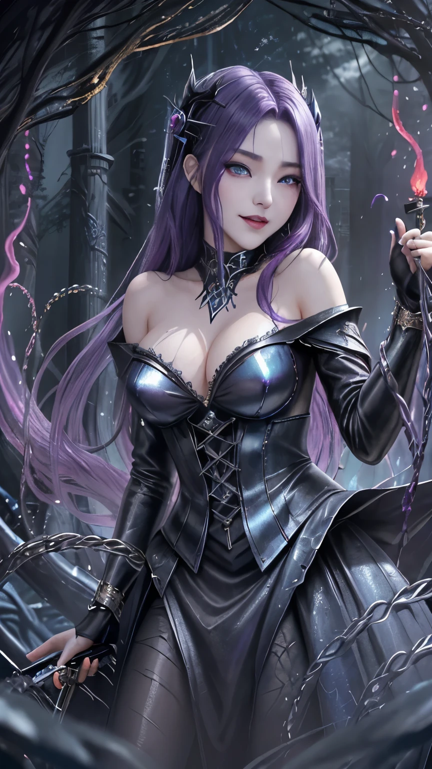 強力なスーパーevil女がクローズアップでポーズをとる, Black Goddess (Bare shoulders), length, Flowing purple hair, View your audience, Highly detailed face, Perfect hands, Blue smoke swirling around her, evil事を愛する, Captivating blue eyes, Dark fantasy, Genuine, Symmetric, High detail, Esoteric arachnids lady, Spider Queen Elise, League of Legends, Esoteric arachnids, Combat Stance, ( body formed from metallic mauveine and metallic black liquid metallic paint twisting into a beautiful interpretation of the female figure), length, Sharp Fangs, nature, ((Complex metallic colors in the foreground)), (( Fluid Mechanics, The most beautiful smooth scale face makeup, Smirking expression)) - Dark blood, Onyxia、Noir painting of a beautiful young witch, length purple hair, dark purple lips, evil, evil female, smile, Black Prom Dress, She is coming to you, close, Bright Blue Eyes, Surrounded by swirling pink smoke, Genuine, High detail, Highest quality、A beastly demon wields a vicious blade, Blood Chain, Behemoth Bones, Snake-like tentacles, Cruel Teeth, Expressions of madness, Oppressive Dungeon. 8K Vision Reveals Fear, Ultra HD detail makes monsters stand out, Grotesque shadows dance, The creature whispers, Stifling atmosphere, Vision problems, Visible Madness. blade, evil意の閃光が輝く, reflect (Light) Beyond the Darkness, Elucidate (Sharp details) and、Add a dizzying dimension to the impending chaos.