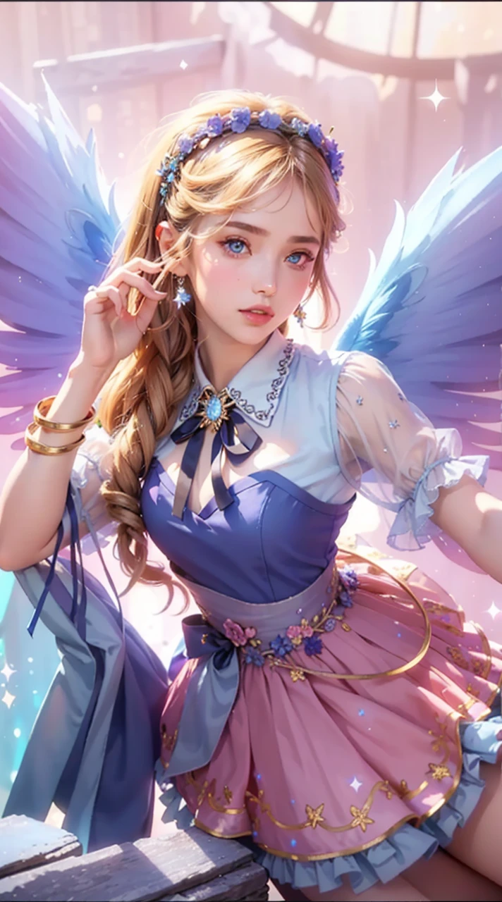 4k ultra hd, masterpiece, a girl, good face, detailed eyes, detailed lips, flower fairy girl, transparent blue wings, neon lights, magnificent background, blue dress, flower crown, starry sky background, sitting in a divine light,