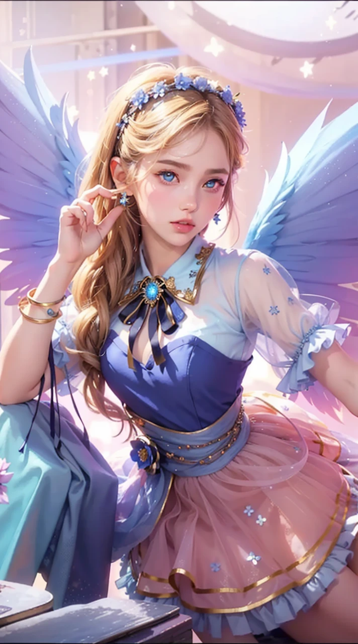 4k ultra hd, masterpiece, a girl, good face, detailed eyes, detailed lips, flower fairy girl, transparent blue wings, neon lights, magnificent background, blue dress, flower crown, starry sky background, sitting in a divine light,