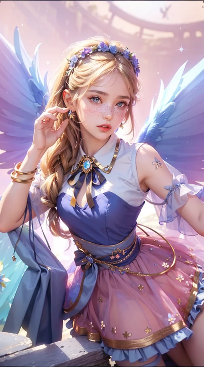 4k ultra hd, masterpiece, a girl, good face, detailed eyes, detailed lips, flower fairy girl, transparent blue wings, neon lights, magnificent background, blue dress, flower crown, starry sky background, sitting in a divine light,