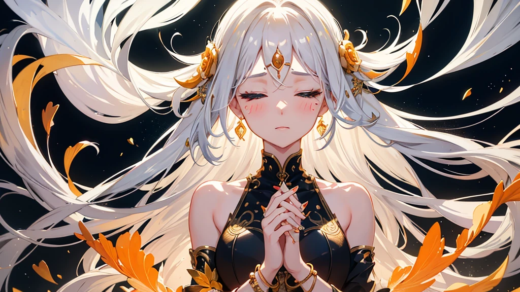 best quality,masterpiece,ResplendentLight,1girl,solo,long hair,closed eyes,black background,bracelet,upper body,jewelry,hands up,white hair,yellow nails,eyelashes,holding,floating hair,bangs,blush,orange nails,facial mark,water,forehead mark,light particles,glowing,bare shoulders,