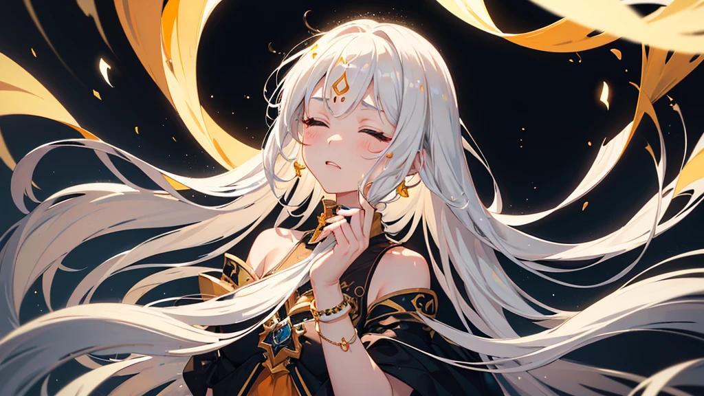 best quality,masterpiece,ResplendentLight,1girl,solo,long hair,closed eyes,black background,bracelet,upper body,jewelry,hands up,white hair,yellow nails,eyelashes,holding,floating hair,bangs,blush,orange nails,facial mark,water,forehead mark,light particles,glowing,bare shoulders,