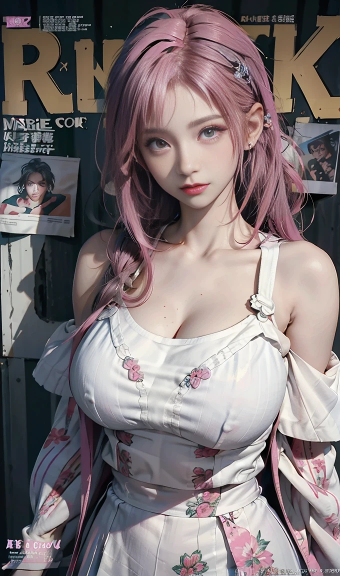 Best quality, Works of masters, A high resolution, 1girl, Super beautiful face, super beautiful eye, Super beautiful pink mohawk hair,(MagazineCover:1.2),Trendy Harajuku-inspired rock outfits,Expose shoulders, accentuated super huge enormously gigantic , cleavage showing