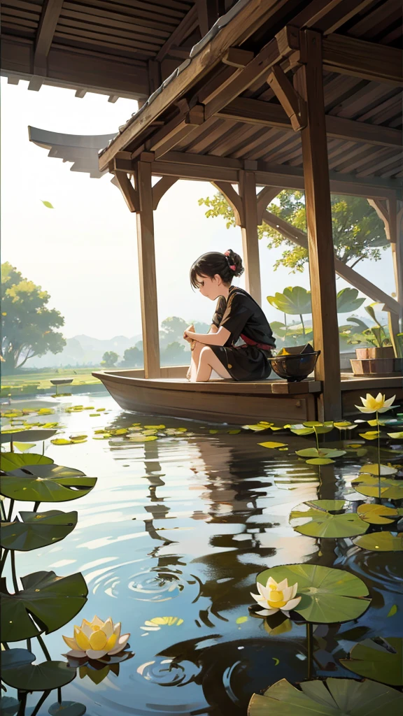 In the near distance is a lotus pond and in the far distance a child is sitting on a small boat