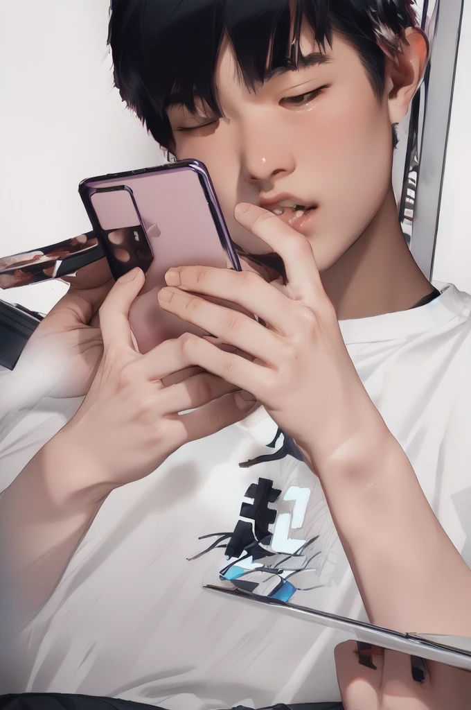 An 18-year-old Chinese boy takes a photo of the food in front of him with his mobile phone，