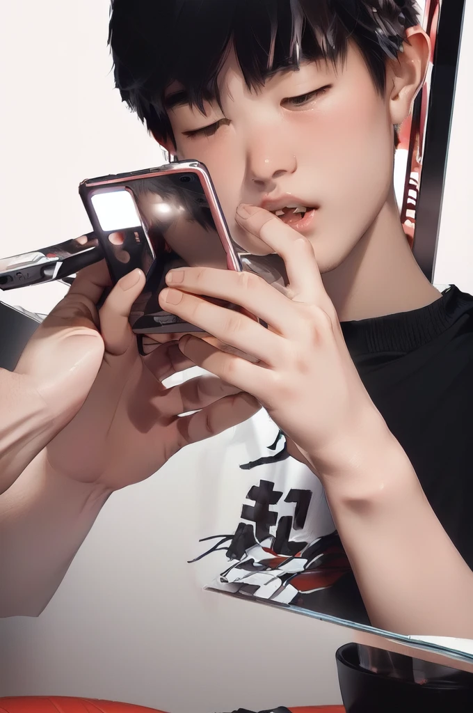 An 18-year-old Chinese boy takes a photo of the food in front of him with his mobile phone,