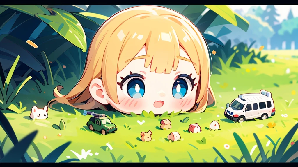 Girl doll、bank、river、bridge、Enjoying airsoft、uniform、Crawling through the grass,octane render、(Hyper-detailing: 1.15)、cinematic lightening、super fine eyes、Full Paint、Anatomically correct、Blur、Depth of written boundary