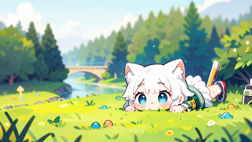 Girl doll、bank、river、bridge、Enjoying airsoft、uniform、Crawling through the grass,octane render、(Hyper-detailing: 1.15)、cinematic lightening、super fine eyes、Full Paint、Anatomically correct、Blur、Depth of written boundary