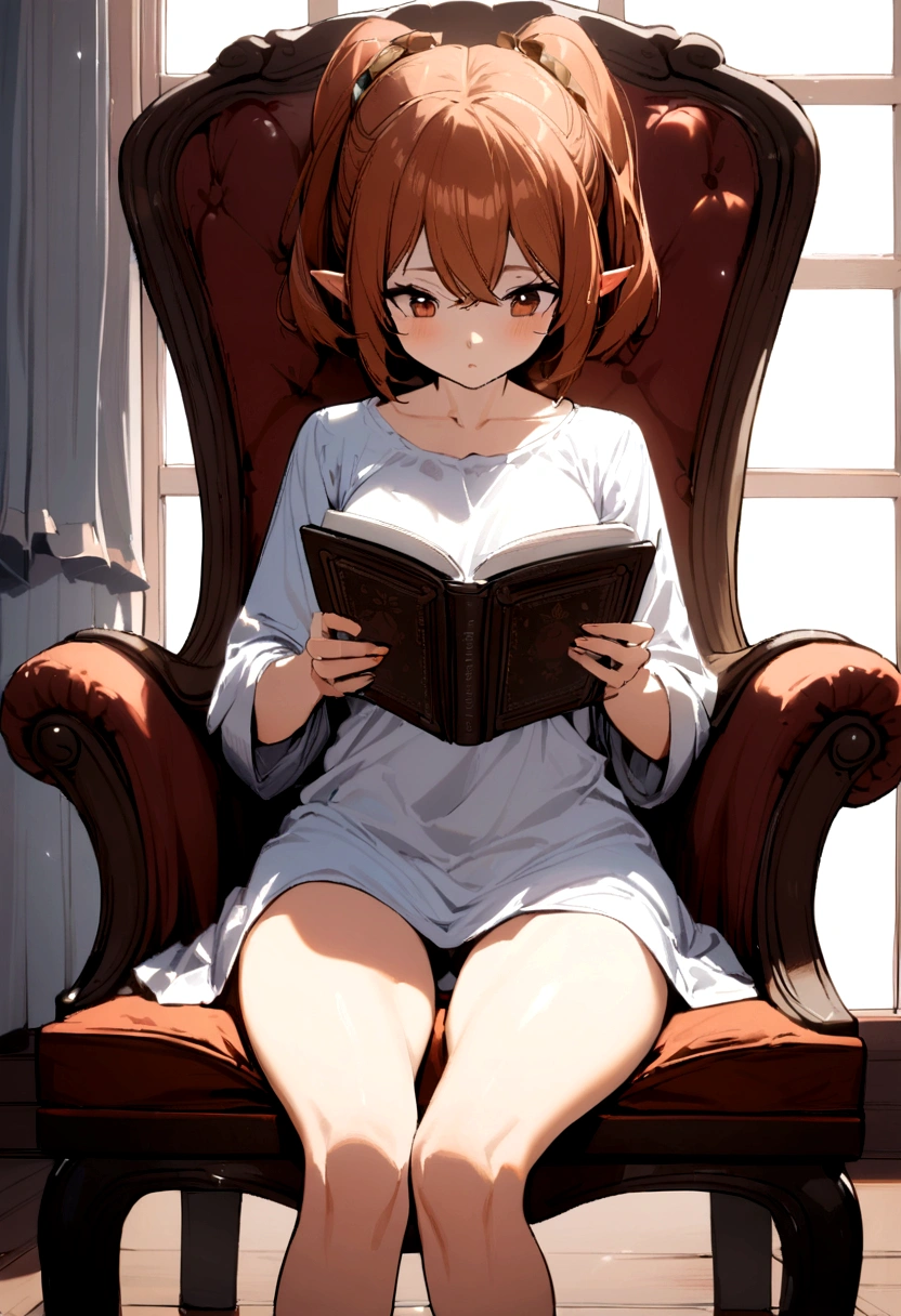 1 girl,smallbreast, russet hair , wearing a large shirt that reaches the thighs, reading a book,consented, sitting in a chair..