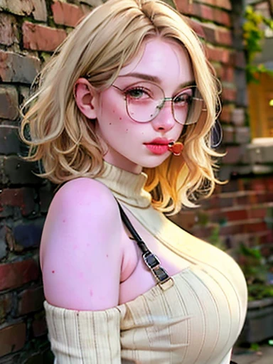 dynamic close-up of the upper part of 1 Russian Woman with freckles, extremely albino, extremely thin and beautiful, perfect body, well-shaped face, skin with highly detailed depth, she is Leaning against a brick wall, (haircut, wavy hair and blondes), (detailed, large, bright eyes, light brown eyes, curled eyelashes, large glasses), (sensuously pouting with mouth), wearing a short sweater showing off the shoulders, ultra realistic, vibrant and pointed image, dynamic vision, high quality 32k, hyper-realistic, cinematic.