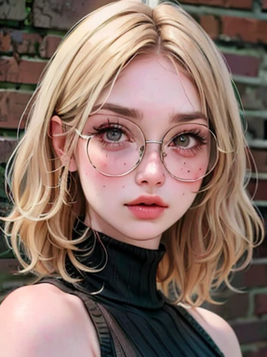 dynamic close-up of the upper part of 1 Russian Woman with freckles, extremely albino, extremely thin and beautiful, perfect body, well-shaped face, skin with highly detailed depth, she is Leaning against a brick wall, (haircut, wavy hair and blondes), (detailed, large, bright eyes, light brown eyes, curled eyelashes, large glasses), (sensuously pouting with mouth), wearing a short sweater showing off the shoulders, ultra realistic, vibrant and pointed image, dynamic vision, high quality 32k, hyper-realistic, cinematic.