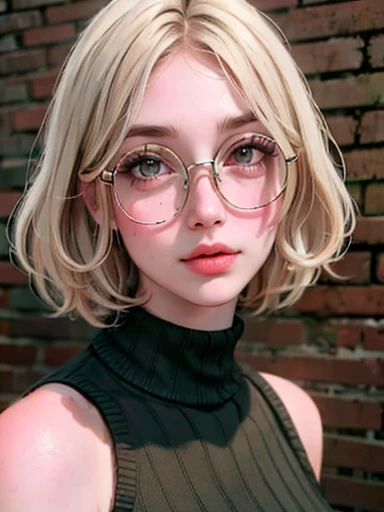 dynamic close-up of the upper part of 1 Russian Woman with freckles, extremely albino, extremely thin and beautiful, perfect body, well-shaped face, skin with highly detailed depth, she is Leaning against a brick wall, (haircut, wavy hair and blondes), (detailed, large, bright eyes, light brown eyes, curled eyelashes, large glasses), (sensuously pouting with mouth), wearing a short sweater showing off the shoulders, ultra realistic, vibrant and pointed image, dynamic vision, high quality 32k, hyper-realistic, cinematic.