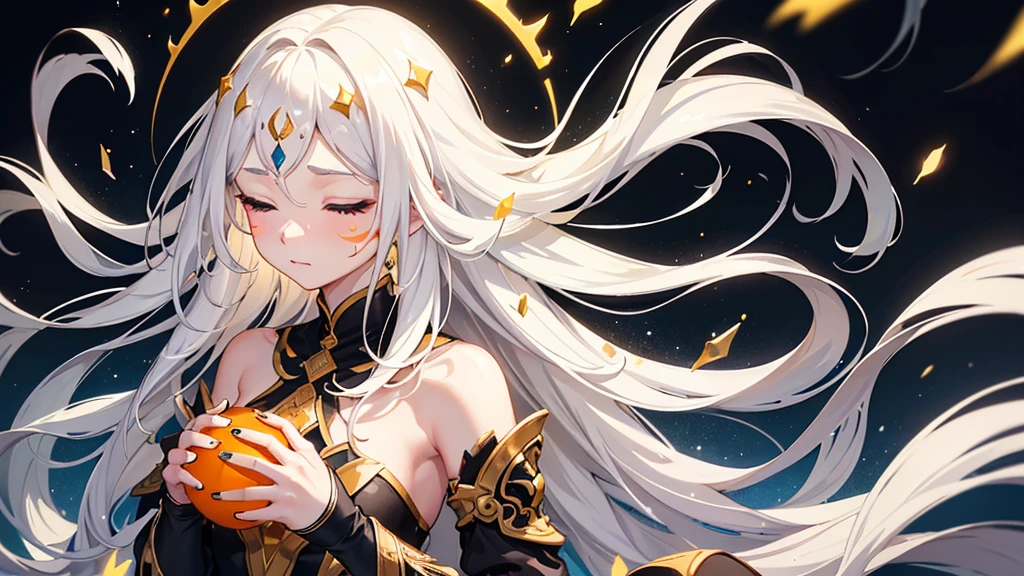 best quality,masterpiece,ResplendentLight,1girl,solo,long hair,closed eyes,black background,bracelet,upper body,jewelry,hands up,white hair,yellow nails,eyelashes,holding,floating hair,bangs,blush,orange nails, mark,water,forehead mark,light particles,glowing,bare shoulders,